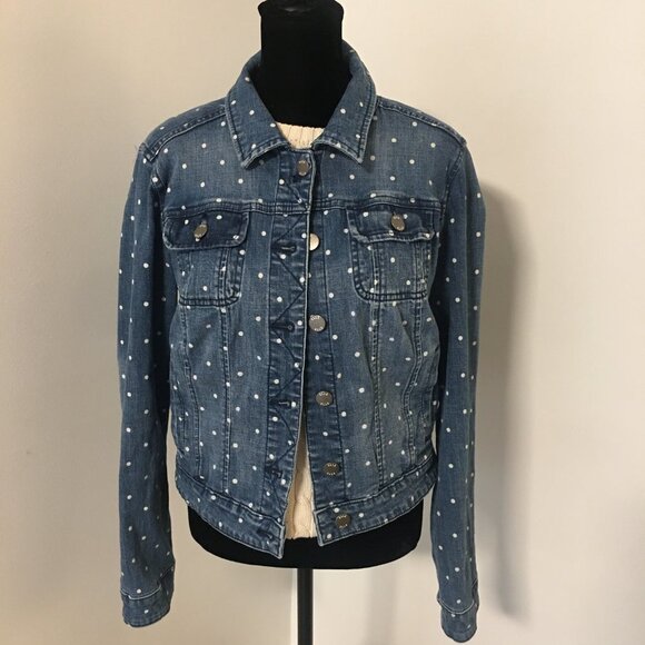 Elle Jackets & Blazers - ELLE Blue Jean Denim White Polka Dot Jacket Front Pockets Women's Size Medium
